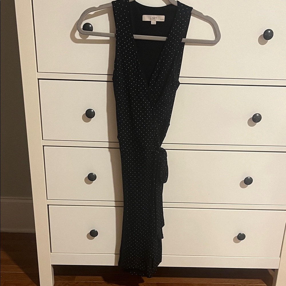 LOFT Black Polka Dot Midi Wrap Dress